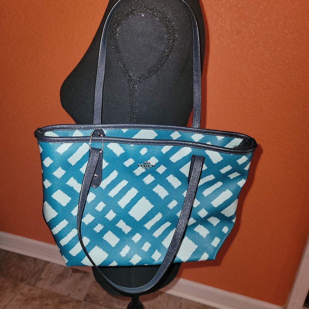 Coach Wild Plaid Blue Leather Mini City Zip Tote